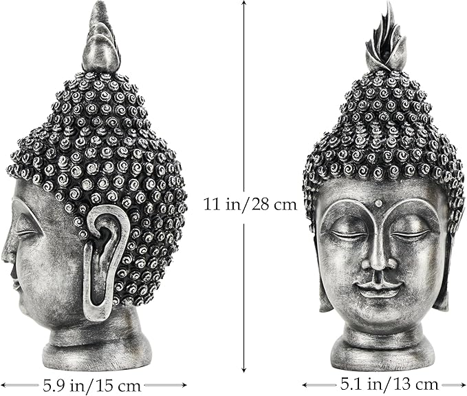 Buddha Head Statue Zen Meditation Decoration, 11 inch Resin Antique Silver Buddha Head Statue for Buddhist Spiritual Altar Decoration Buddhism Gifts