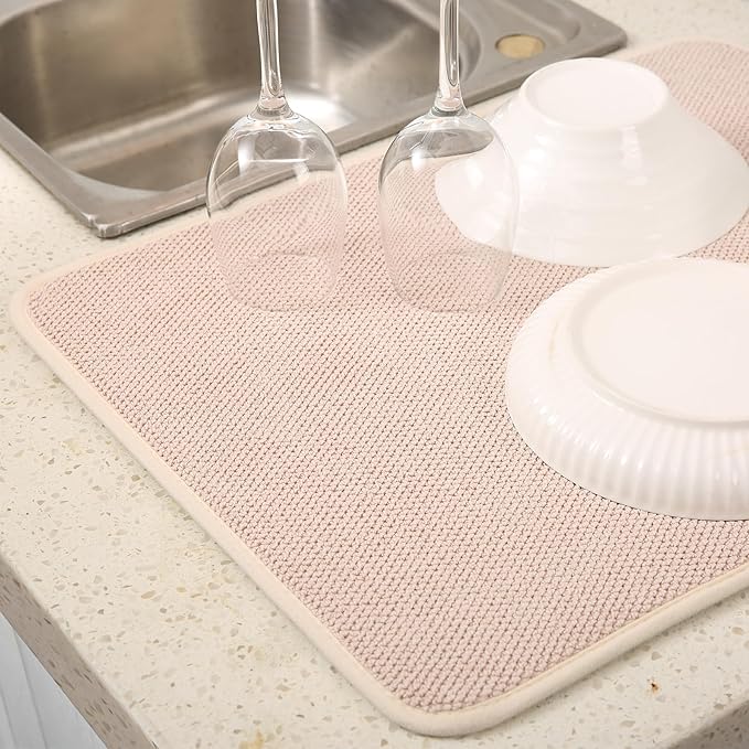 VESHE 2 Pack Microfiber Dish Drying Mat for Kitchen Counter, Ultra Absorbent Dish Drainer Mat, Dish Drying Pad, Dish Rack Mat 20×15 Inch (Beige)
