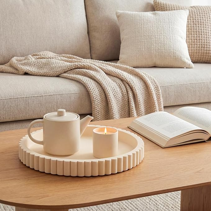 Oval Concrete Decorative Tray for Coffee Table Decoration 15" Modern Cream White Table Centerpieces Decorative Ottoman Tray for Serve Home Decoration Accent Bandejas Decorativas Gift