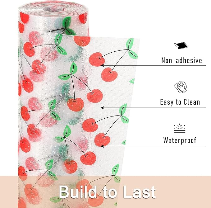 Cooyes Shelf Liner, Non-Adhesive Waterproof Shelf Paper with Fruit Pattern, Easy to Cut and Durable EVA Cabinet & Drawer Mat for Kitchen (17.5 Inch W x 360 Inch L, Red Cherry)