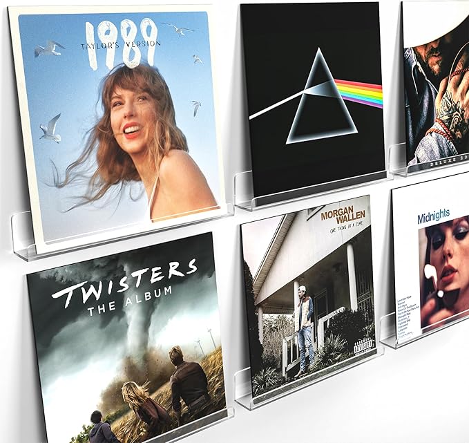 Laurensory Vinyl Record Shelf Wall Mount Shelves, 12 inch Clear Acrylic Vinyl Record Holder Display, Floating Shelves for Wall Decor, Magazine Rack, Kids Bookshelf, for Bedroom, Living Room, 6 Pack