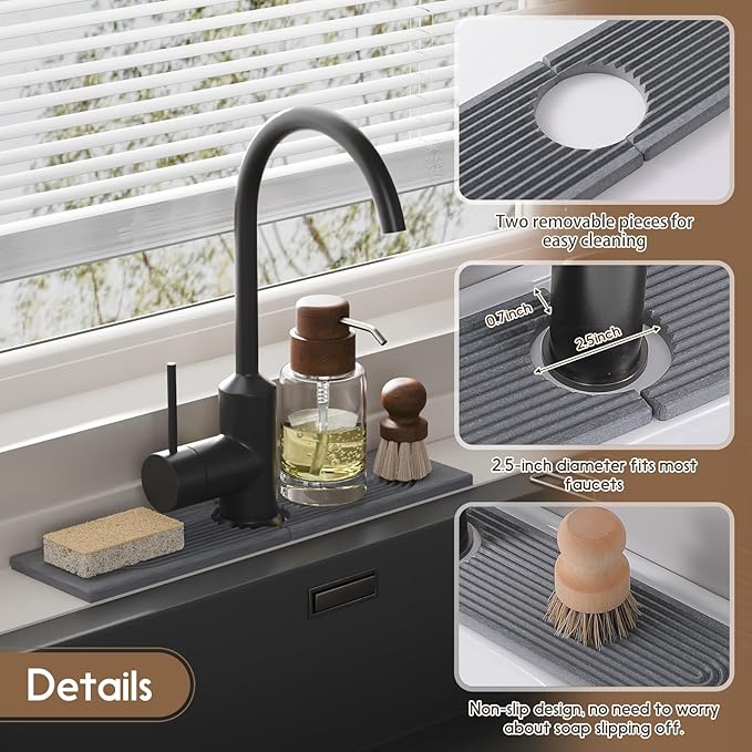 Faucet Mat for Kitchen Sink, Diatomite Quick Drying Tray, 15.8 Inch Kitchen Sink Splash Guard and Bathroom Stone Tray for Counter. Super Absorbent. Deep Grey.