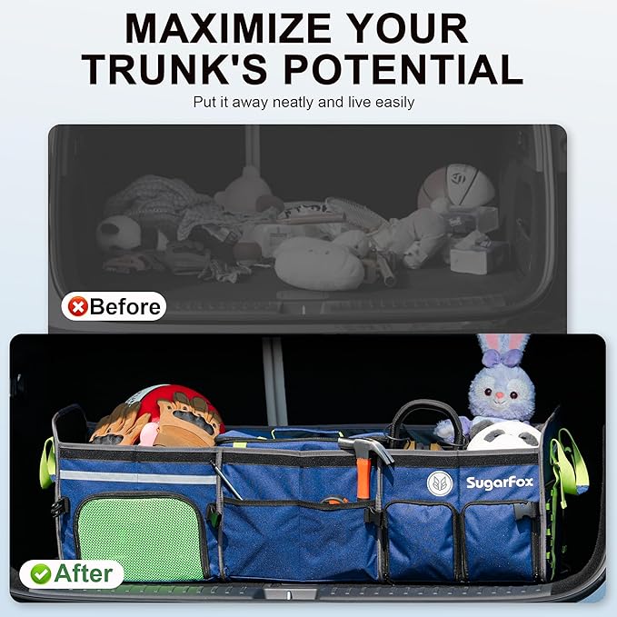 Bold Color Block Trunk Organizer | 95L, 35"x13.8"x11.8" | Dedicated Shoe Storage & 26L Ice Pack | Foldable for SUV/Car/Jeep | Car Accessories for Men & Women - Blue-X212