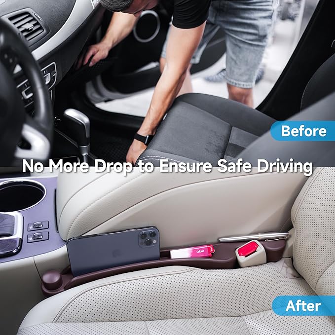 Car Seat Gap Filler Set of 2, 3-in-1 Seat Side Gap Filler Plug with Storage Slot & Hook Function, Soft Foam Universal Fit Car SUV Truck Fill Gap Between Seats Console Organizer (Narrow Deep Brown)
