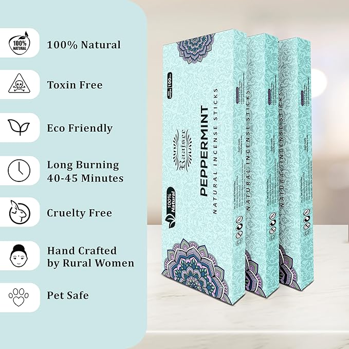 Peppermint Incense Sticks 100 gm Pack, Charcoal Free - 100% Natural,Organic Non Toxic Insence Sticks, Inscents Made with Flowers, Meditation Gifts for Spiritual Cleansing, Relaxation