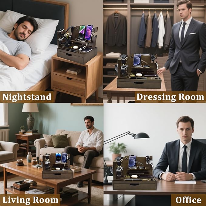 Nightstand Organizer for Men with Large Drawer, Birthday Gifts for Men, Phone Docking Station, Bedside Organizer for Nightstand for Apple Watch, Laptop (Brown, Solid Wood)