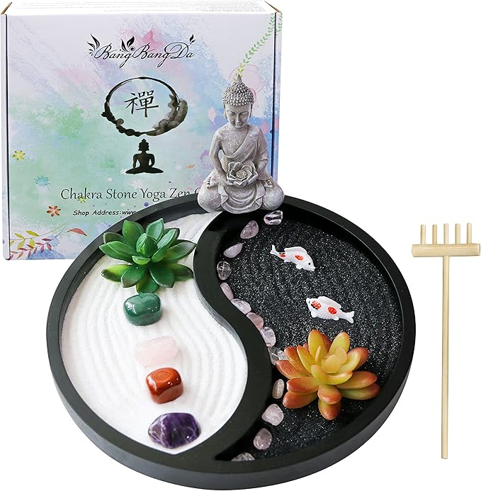 Buddha Meditation Zen Garden Kit - Home Office Tabletop Taiji Yin Yang Sand Garden Altar Zen Decor Zen Gifts DIY Mini Chakra Crystal Quartz Rock Garden w/ Nature Healing Stone Rake Tool