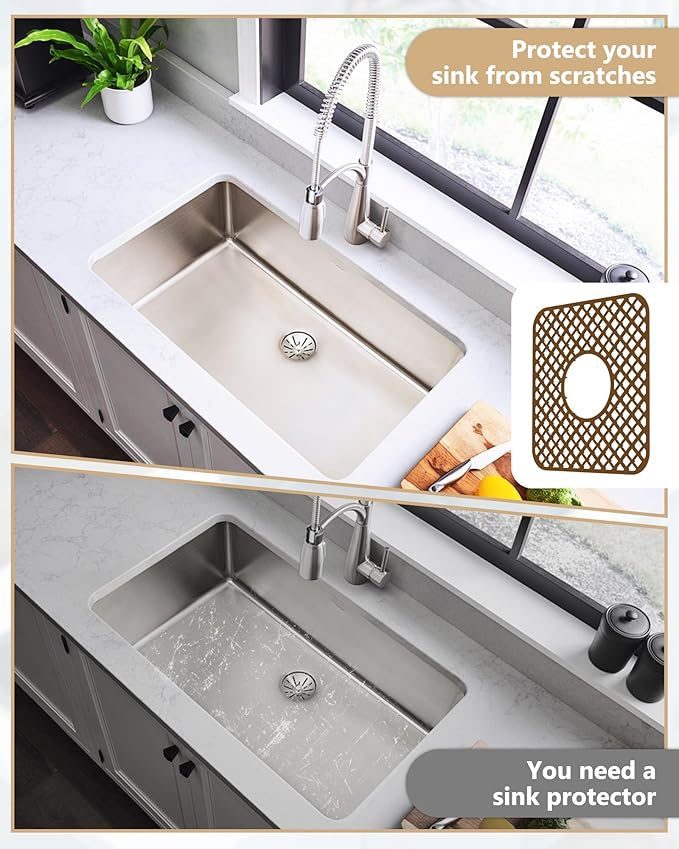 2 Pack Silicone Sink Protector for Kitchen Sink, Lozenge Pattern 12 x 11" Sink Grid Mat Silicone Protectors, Center Drain, Coffee