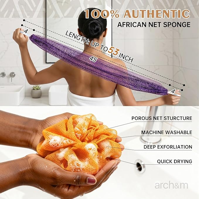 African Net Loofah Sponge Authentic - Real African Exfoliating Sponge with Knots African Net Wash Cloths Body Scrubber Exfoliator Afro Scrubber Back Scrub for Shower Bath Accessories Golden by ARCH&M