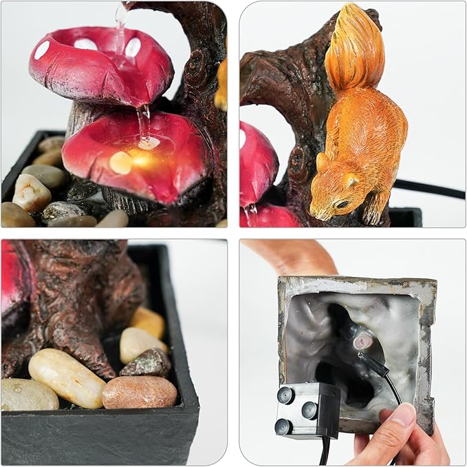 Ferrisland Tabletop Water Fountain Indoor - 3 Tiered Waterfall Fountain Indoor Desktop Water Feature with Light Squirrels Animal Sculpture Relaxation Fountains for Office Home Decor, Gift Idea