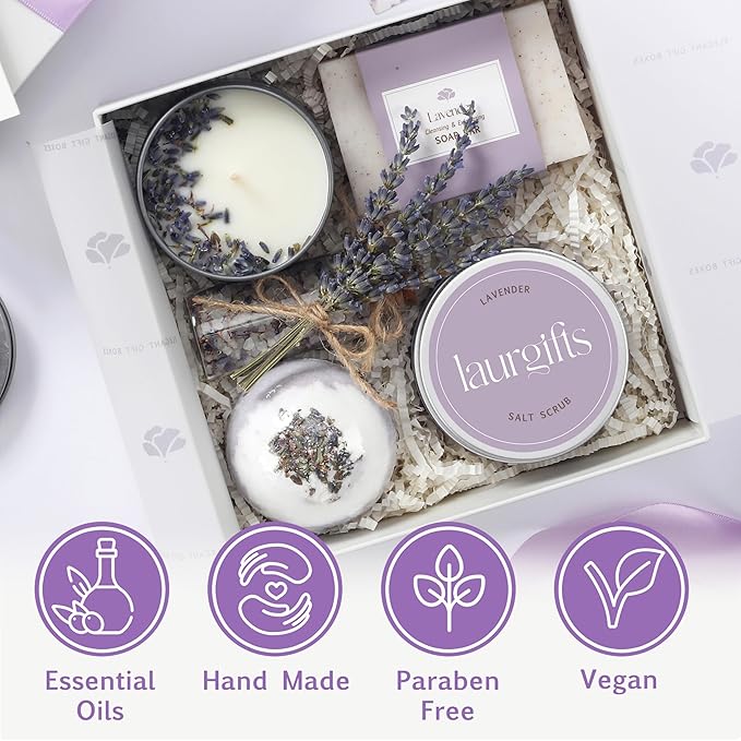 Small Lavender Spa Gift Box for Women – Relaxing Self Care Set with Candle, Bath Bomb, Soap & Scrub – Birthday, Thank You, Christmas, Housewarming, Bridal Shower, Get Well Soon Gifts for Her