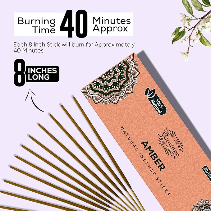 Raajsee Amber Incense Sticks 100 Gm Pack-100% Pure Organic - Natural Hand Rolled Free from Chemicals-Insence for Church,Relaxation, Meditation & Sensual Therapy
