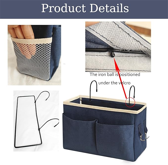 Bedside Caddy Bedside Hanging Storage Basket Multi-Function Organizer Caddy for Bunk and Hospital Beds Dorm Rooms Bed Rails, Can be Placed Glasses Books Mobile Phones（2pc Navy Blue）
