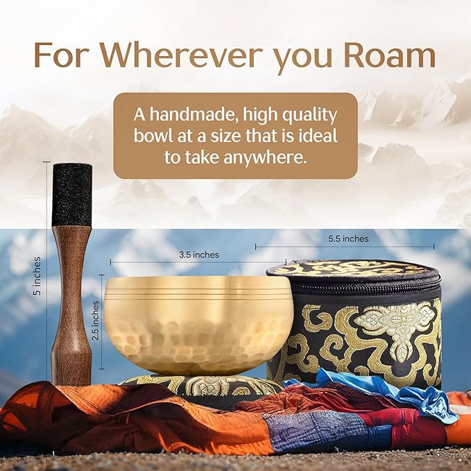 Tibetan Singing Bowl Set with Case – Authentic Plain Design – Meditation Bowl & Sound Bowl with Cushion, Mallet & Guide – Sound Bath Instruments – Yoga Meditation Kit