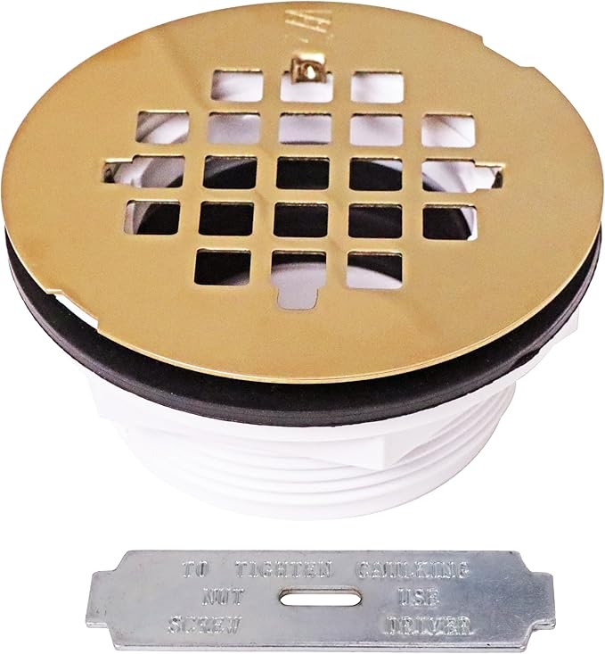 Westbrass A206P-01 2" No-Caulk PVC Compression Shower Drain with 4-1/4" Round Grid Cover, Polished Brass