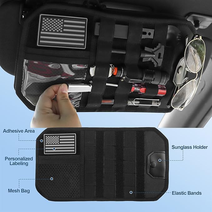 Nicofie Car Visor Organizer with Zipper Multi-Pockets & Sunglass Holder Molle Car Sun Visor Organizer Universal Fit for Trucks, SUVs, Jeeps & Patrol Vehicles