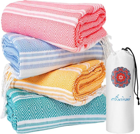 Antfuny 4 Packs Turkish Beach Towels Oversized Swim Set Bulk Quick Dry Bath Pool Sand Free Extra Large XL Big Blanket Adult Travel Essentials Cruise Accessories Must Have Clearance Vacation Stuff