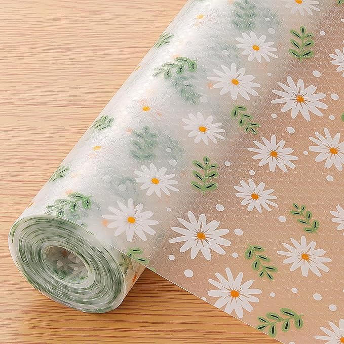 INNOLITES Shelf Liner for Cabinets, Non-Adhesive for Kitchen Drawer Liner, Waterproof Shelf Paper with Floral Pattern, Durable Easy to Clean (Green Daisy, 17.5" x 360")