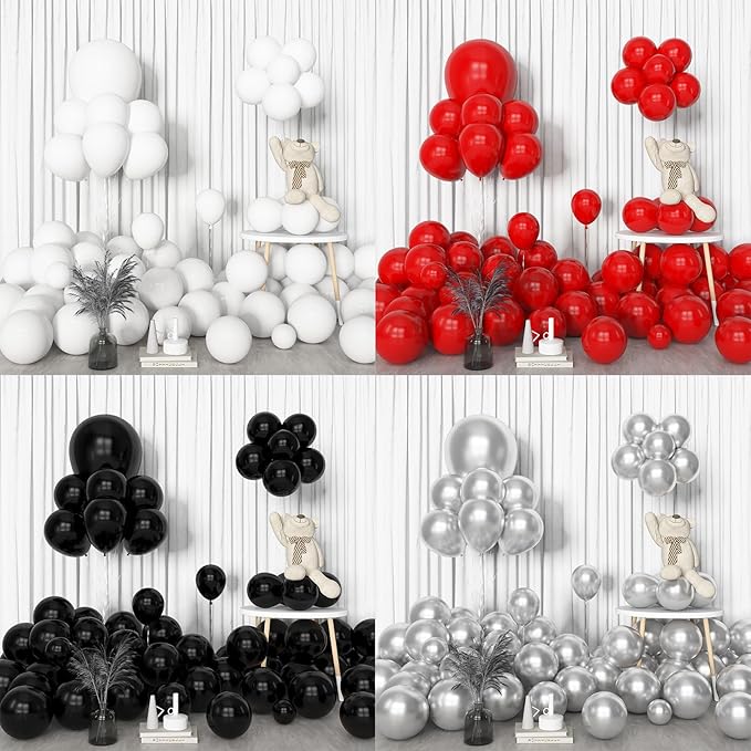 Amandir 153pcs Red Black and White Balloon Arch Garland Kit Different Sizes 18 12 10 5inch Silver Latex Metallic Confetti Graduation Balloons for Birthday Wedding Movie Night Casino Party Supplies