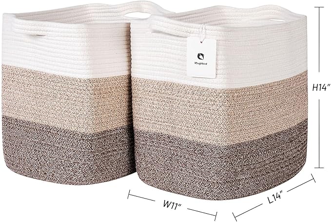 laughbird Storage Baskets for Clothes Fabric Cotton Rope Storage Basket with Handles, Decorative Woven Basket for Living Room, Closet Organizer Blankets, and 2 bags (Gradient Brown, L14×W11×H14)