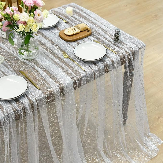 Horaldaily White Silver Gauze Tablecloth 60x120 Inch Rectangular, Silver Sequin Glitter Metallic Foil, Sheer Tulle Cheesecloth for Wedding Baby Shower Ceremony Birthday