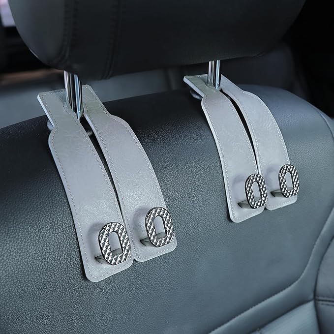 Car Headrest Hooks Universal Car Purse Hook Premium Leather and Alloy Twin Hook Car Seat Back Storage Hanger Hook for Purse Bags Cloth Drink Durable Holder Car Accessories (BH09-Grey-Black-4 Pack)