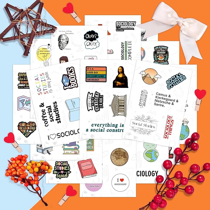 BulbaCraft 100Pcs Social Studies Stickers for Water Bottle and Laptop - Social Studies Party Favors & Decorations, Waterproof Vinyl Decals, History and Culture Stickers, Gifts for Women & Men