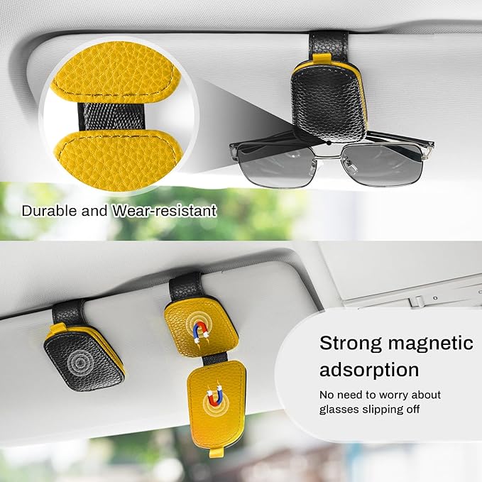 SINGARO Sunglasses Holder for Car, Leather Magnetic Buckle Sun Visor Sunglass Clip, Ticket Card Storage Glasses Clip, Car Interior Accessories for Men and Women（2PCS Black-Yellow）