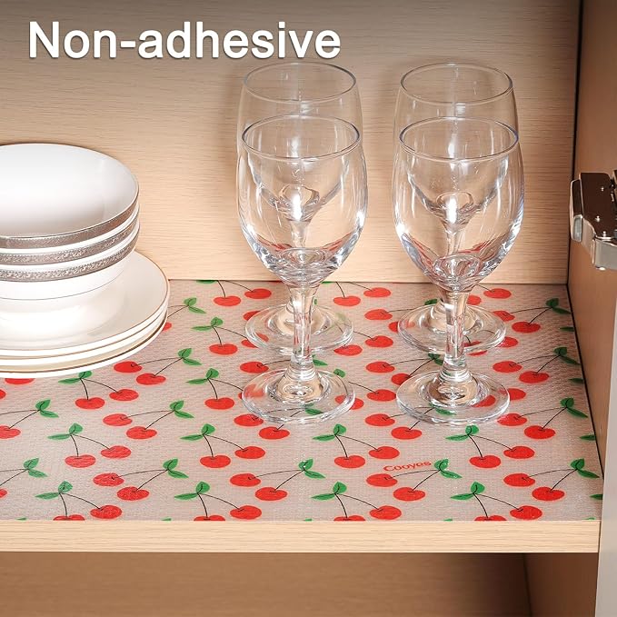 Cooyes Shelf Liner, Non-Adhesive Waterproof Shelf Paper with Fruit Pattern, Easy to Cut and Durable EVA Cabinet & Drawer Mat for Kitchen (17.5 Inch W x 360 Inch L, Red Cherry)