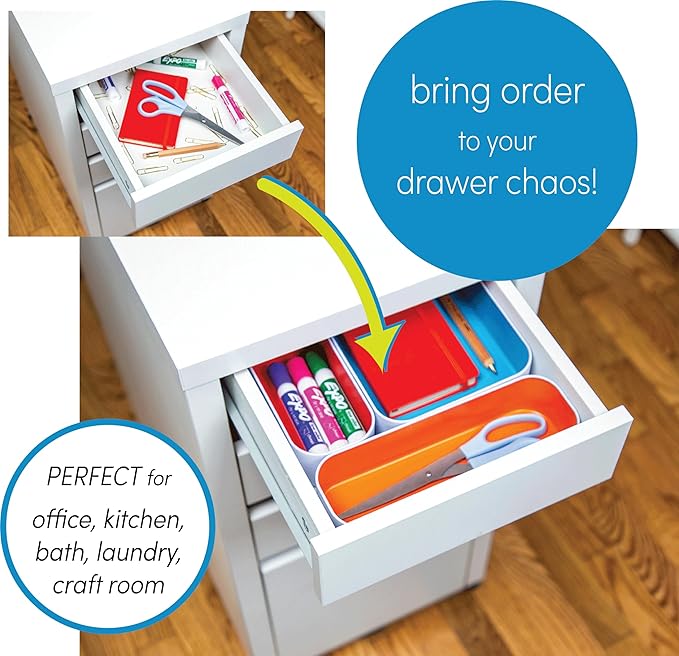 Three by Three Seattle 10 Piece Metal Organizer Tray Set for Storing Makeup, Stationery, Utensils, and More in Office Desk, Kitchen and Bathroom Drawers (2 Inch, Assorted Blue and Stripes)