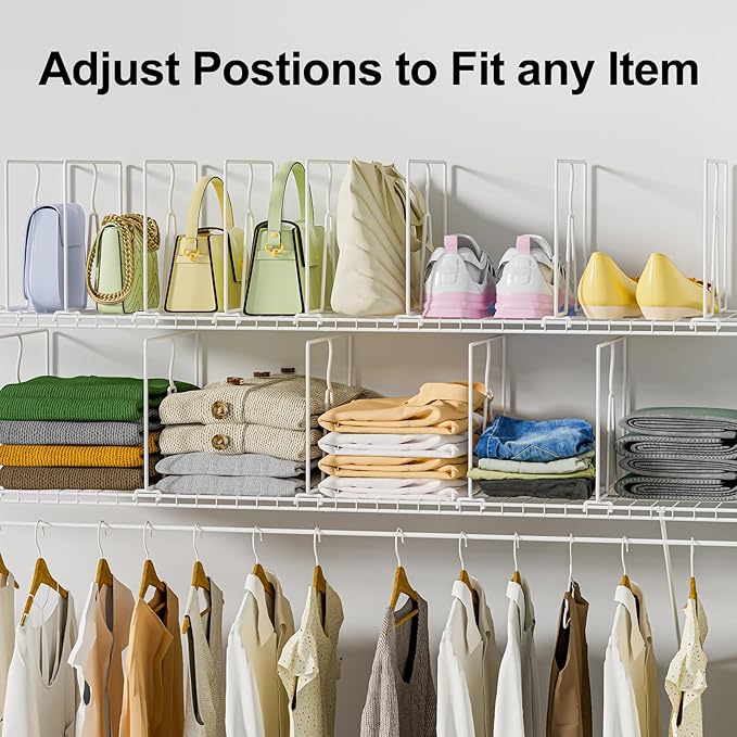 Wire Shelf Dividers for Closet: Tall 8 Pack 12-inch Deep Wire Rack Accessories - Adjustable Purse Organizer for Clothes Handbags - Metal Pantry Separators