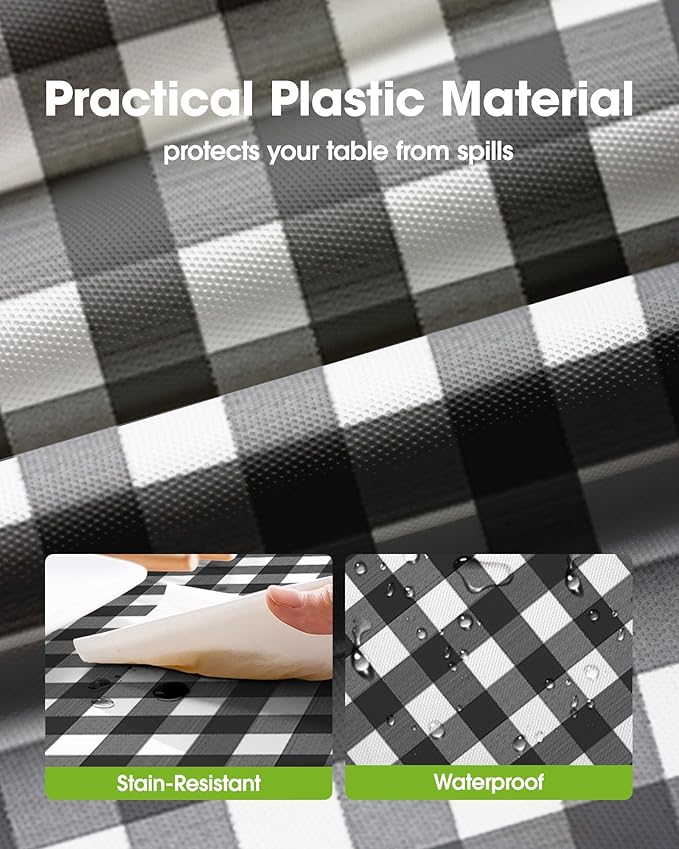Pureegg Plastic Table Cloth Disposable 10 Pack, 54 x 108 Inch Table Cloths, Party, Picnic, Decorative Gingham Tablecloths, Rectangle, Black and White Checkered Cover, Leakproof & Sturdy, Black Plaid