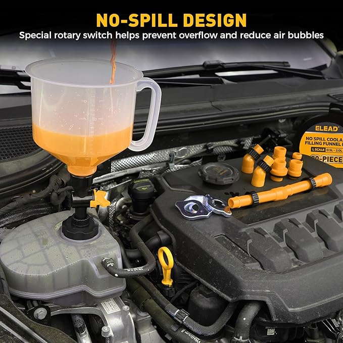 20-Piece No-Spill Coolant Funnel Kit, Cooling System Funnels Kits, Spill Proof Funnel Bleeder, Radiator Funnels Kit with Adapters, Extensions, Flexible Hose, Circular-Funnel, Towel for Automotive Use