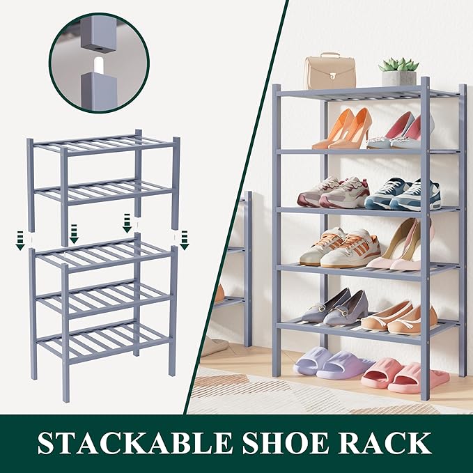 Smiry Bamboo Shoe Rack for Closet, 6 Tier Small Wooden Stackable Shoe Organizer, Free Standing Shoes Storage Shelf for Entryway, Front Door Entrance, Grey