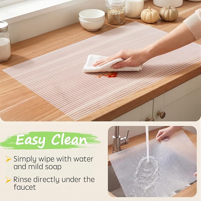Songrey Non-Adhesive Shelf Liner, 12IN x 20FT Waterproof Cabinet & Drawer Liner, EVA Material Non-Slip Mat for Kitchen Cupboard, Refrigerator, Easy to Cut, Washable, Beige