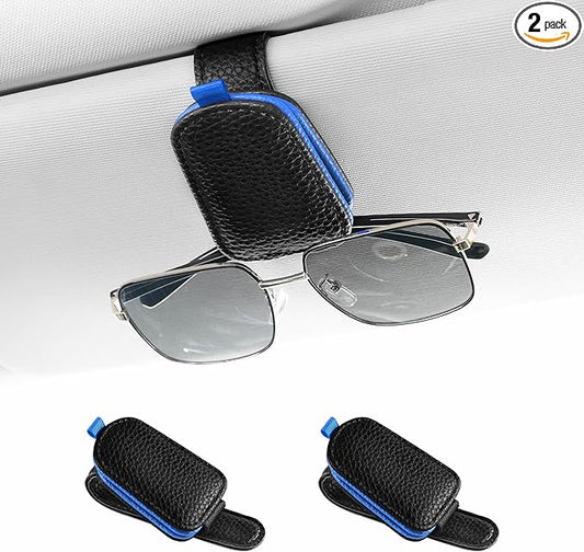 SINGARO Sunglasses Holder for Car, Leather Magnetic Buckle Sun Visor Sunglass Clip, Ticket Card Storage Glasses Clip, Car Interior Accessories for Men and Women（2PCS Black-Blue）