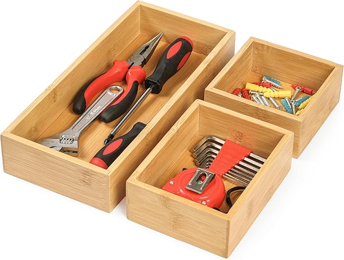 Vincona Bamboo Drawer Organizers Set, 3PCS Multi-Use Wood Storage Organizers, Desk Drawer Tray for Kitchen, Bathroom, Office, Dresser, Bamboo Box Bin for Jewelry, Makeup, Junk, Gadgets