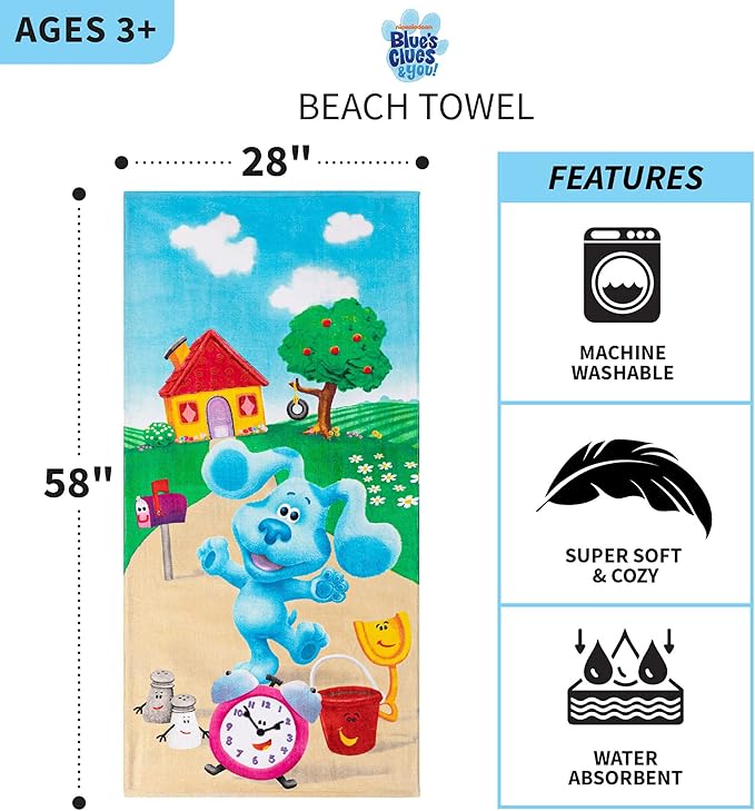 Franco Kids Super Soft Cotton Bath/Pool/Beach Towel, 58 In x 28 in, Blues Clues