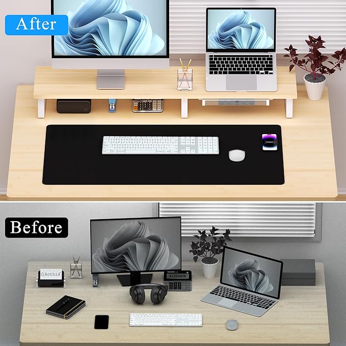 Aothia Dual Monitor Stand Riser - Monitor Stand with Drawer, Monitor Stand for 2 Monitors, Desk Shelf for Monitor with Metal Legs, Wood Monitor Stand with Storage Organizer for PC, Laptop, Screen (Oak)