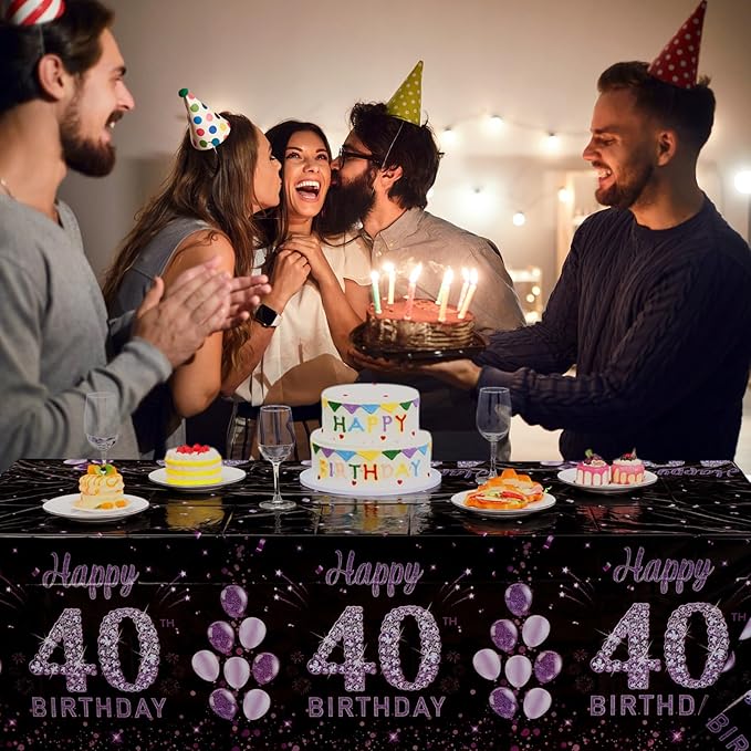 Ganeen 3 Pack 40th Birthday Tablecloth Purple Black Happy 40th Birthday Decorations Disposable Plastic Rectangular Table Cover for Party Supplies Women Men, 108 x 54 Inch