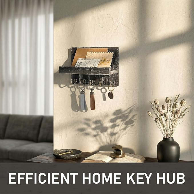 Rebee Vision Pine Wood Key Holder Wall Mount with Shelf – Farmhouse Key Holder for Wall & Sunglass Organizer for Entryway – Perfect for Living Room Decor (3.54" x 10" x 7.28", Old Black)