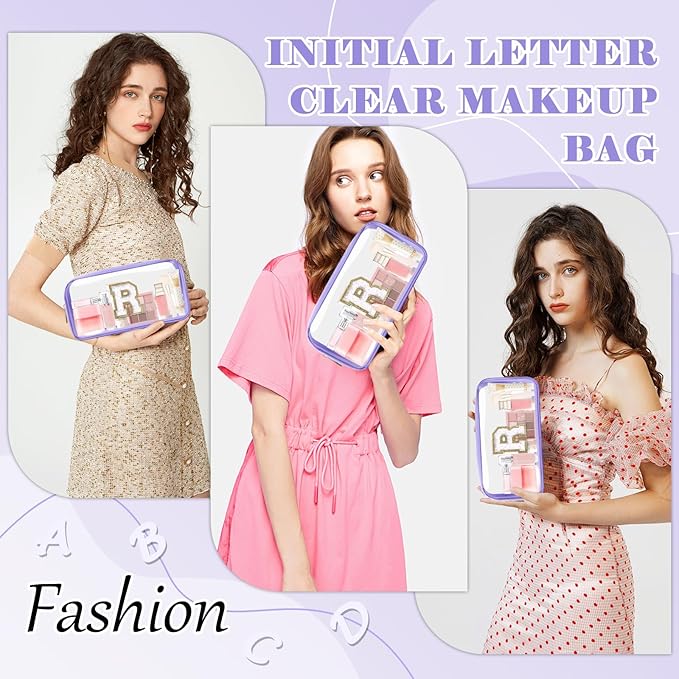 Personalized Initial Letter Clear Makeup Bag, Preppy Small Nylon&PVC Cosmetic Zipper Bag with Chenille Letter, Travel Skincare Toiletry Bag, Monogram Christmas Gift for Teen Girls Women, R