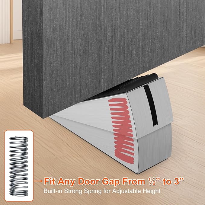 Adjustable Large Door Stoppers, Heavy Duty Door Stoppers for Bottom of Door, Door Stop with Strong Grip Stainless Steel for Heavy Duty and Usual Doors, Silver