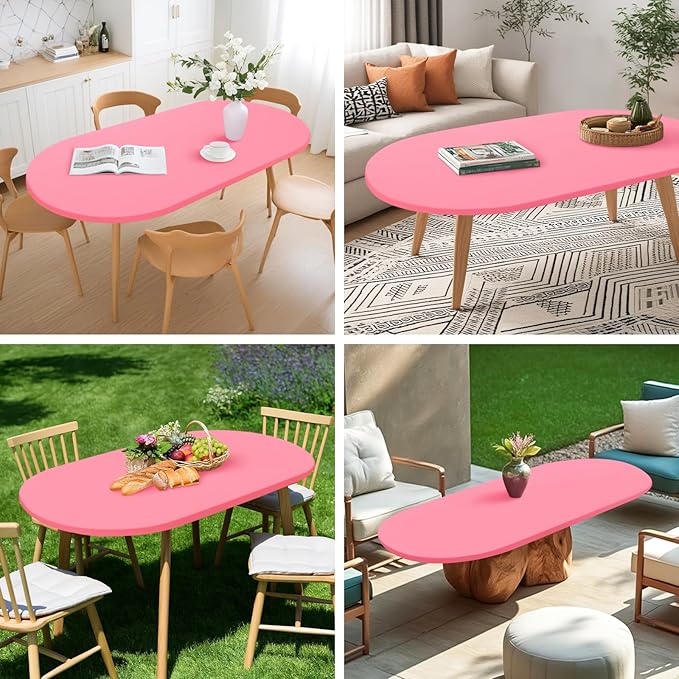 Fitted Oval Tablecloth 48 x 68 Inch Elastic Table Cloth, Stretch Spandex Table Cover Pink Washable Polyester Top Cap Cover for Dining Picnic Camping Indoor and Outdoor