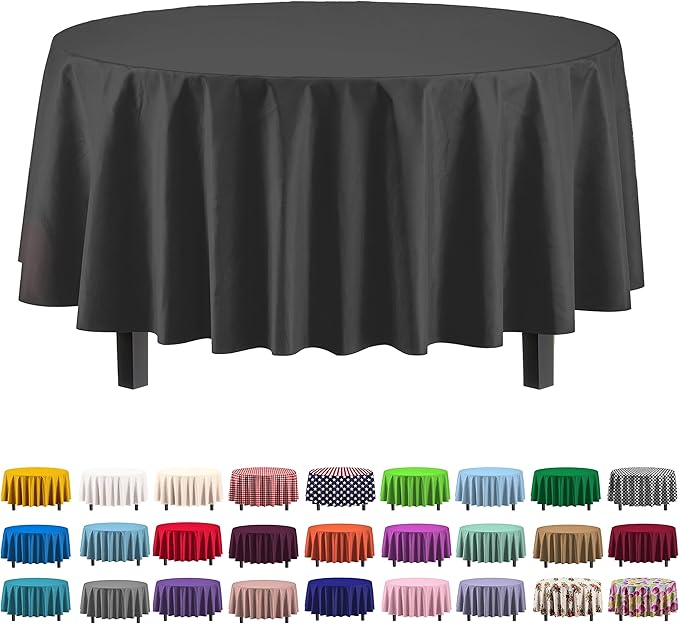 Exquisite Party Solids 12-Pack Premium Plastic Tablecloth 84in. Round Table Cover - Black