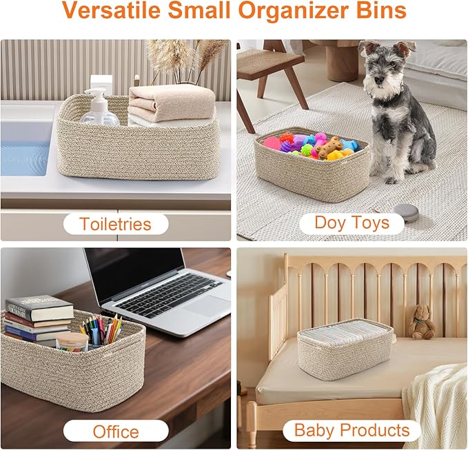 Ordn2Ordn Small Storage Baskets for Organizing, Woven Storage Bins for Shelves, Empty Gift Basket, Cute Decorative Closet Organizer, Baby Rope Basket, Dog Toy Storage, 11x7.5x4.5”, 3-Pack Mixed Brown