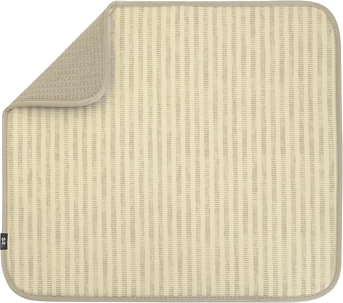 S&T INC. Dish Drying Mat, 16” x 18”, Absorbent Microfiber Kitchen Counter Mat, Dish Drying Pad for Dishes, Utensils, Pots and Pans, Large, Cream Distressed Lines