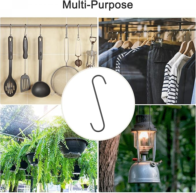 uxcell S Hanging Hooks, 8inch/200mm Extra Long Steel Hanger, Indoor Outdoor Uses for Garden, Bathroom, Closet, Workshop, Kitchen, Black, 6Pcs