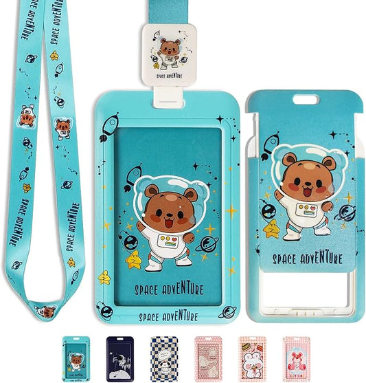 Cute ID Badge Holder with Clip Badge Reels and Lanyards with Badge Reel with 15 inches Pull Cord for School, Teacher, Student, Women, Men (AstroBear)