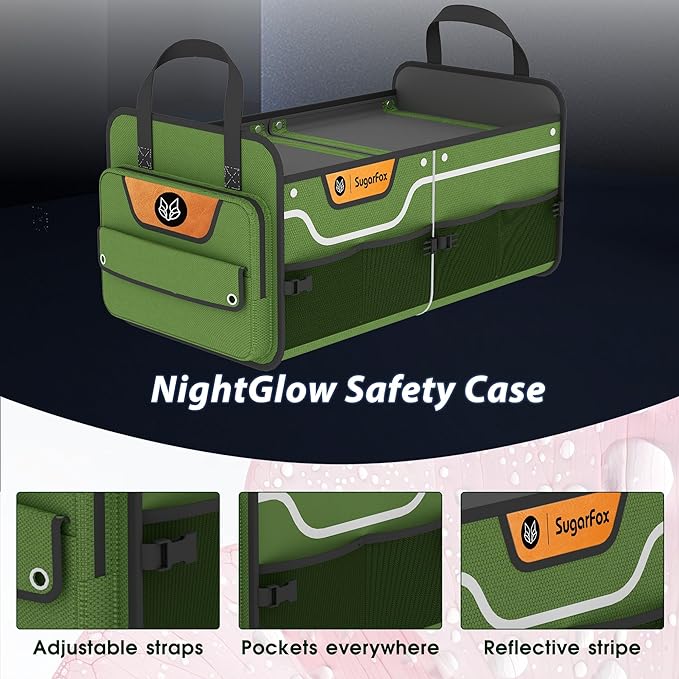 Car Trunk Organizer for SUV, 70L Heavy Duty Waterproof Trunk Organizer, Foldable Vehicle Organizer with Anti-Slip Base, 24”x13.8”x11.8”, GREEN-M003